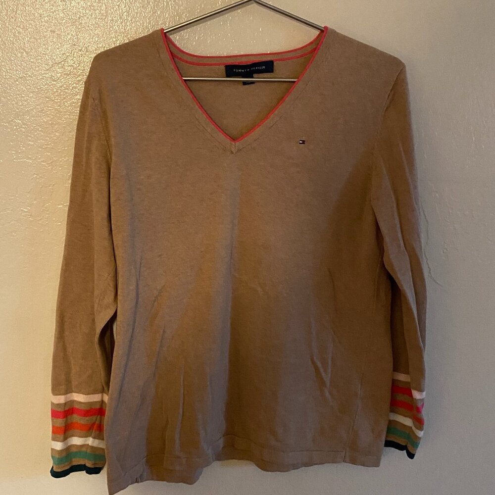 Tommy Hilfiger Tan V-Neck Sweater with Multicolor Stripe Cuffs – Size L